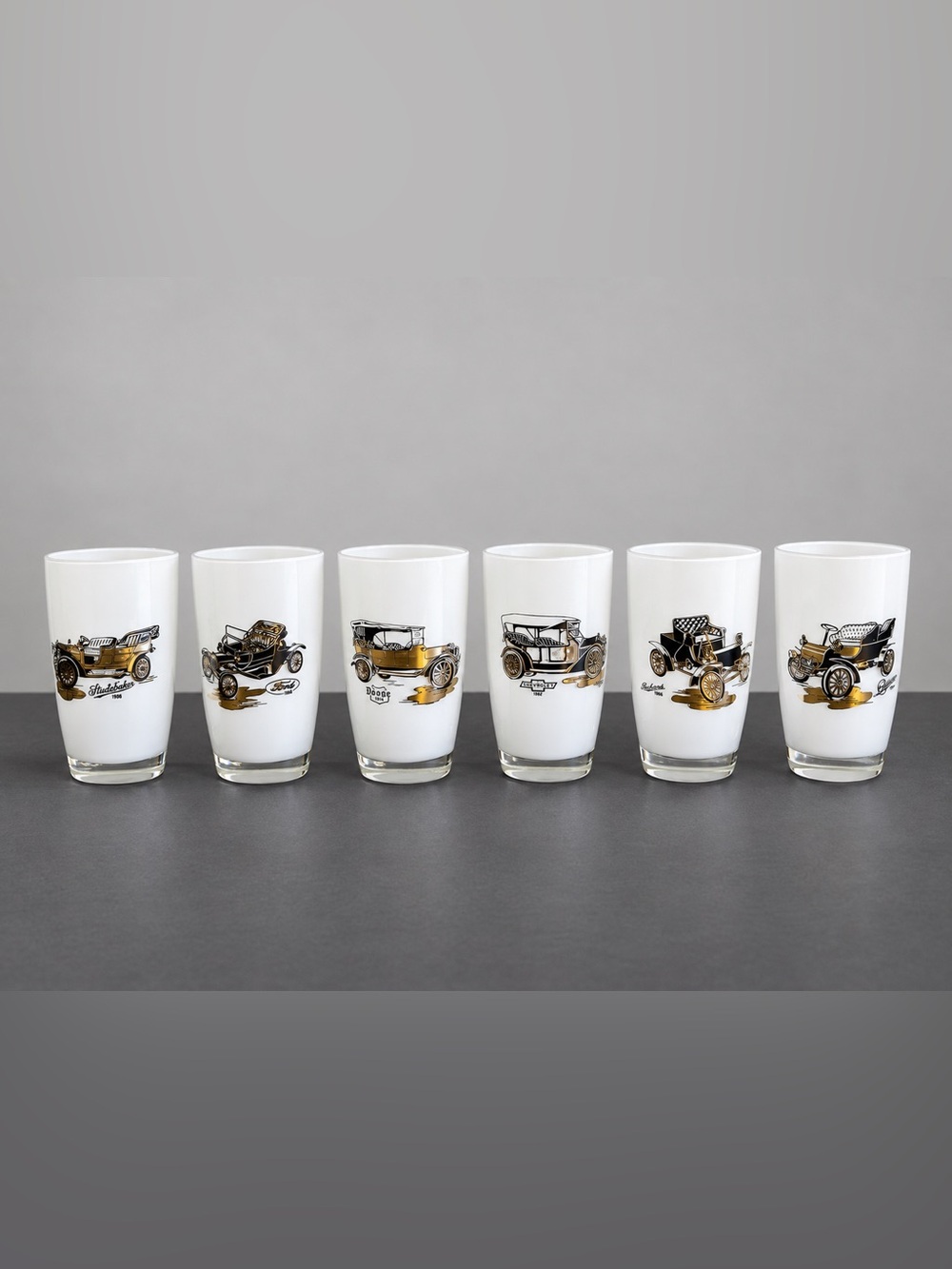 Vintage Hazel Atlas Antique Car Glasses, Set of 6, MCM Barware Vintage Automobil